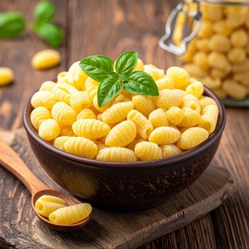 A rustic ceramic bowl filled with fresh uncooked potato gnocchi pasta topped with green basil leaves on a weathered dark wooden table background.