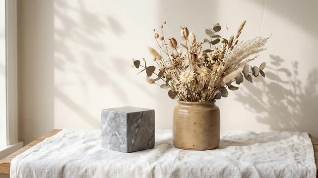 Minimalist interior with dry flowers in ceramic vase on rustic table with natural light and shadow play