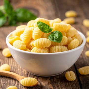 A close up shot of raw potato gnocchi pasta in a white bowl garnished with fresh green basil leaves on a rustic dark wooden table background.