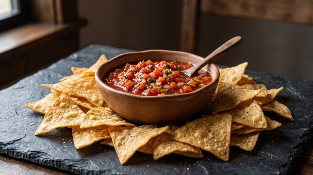Bowl of fresh pico de gallo tomato salsa surrounded by crispy corn tortilla chips on black slate plate, conveying authentic Mexican appetizer platter