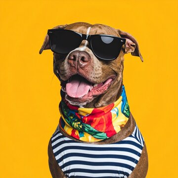 A stylish brown pitbull dog wearing dark sunglasses and a colorful floral bandana with a striped shirt isolated on a bright yellow background.