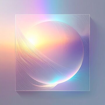 Abstract glass square with a glowing ethereal sphere inside featuring soft pastel gradient colors and flowing light lines for artistic background.
