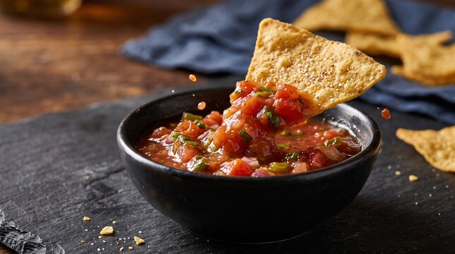 Close up of crunchy corn tortilla chip scooping fresh chunky tomato salsa with juice droplets, depicting delicious Mexican dip and snack action