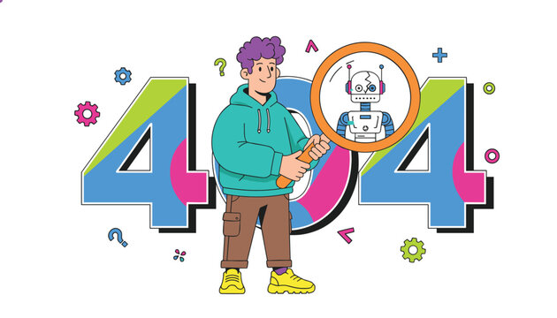 Creative 404 error page web template shows a young man with a magnifying glass inspects a broken robot inside the number four hundred and four.