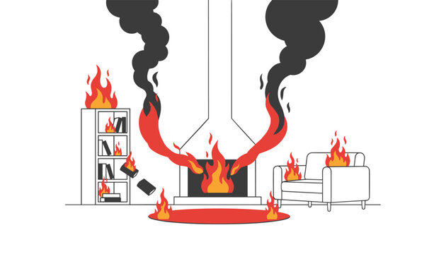Dangerous home fire accident scene displays flames engulfing a fireplace, bookcase, armchair, and carpet, with thick black smoke rising.