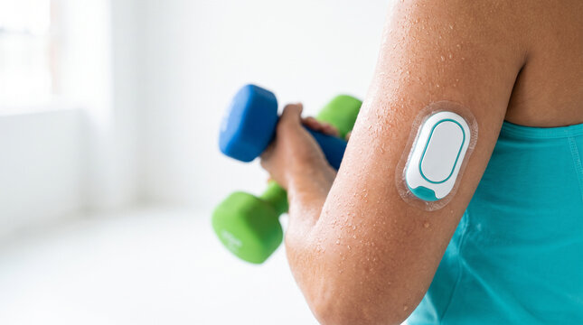 Arm with CGM sensor and weights during a physical workout to monitor glucose levels while exercising with dumbbells.