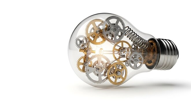 Glass light bulb interior filled with complex metal clockwork gears clockwork innovation