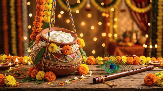 Traditional Krishna Janmashtami Celebration with Decorated Dahi Handi, Flute, Peacock Feather, and Marigold Garlands on Rustic Wood with Festive Bokeh Lights