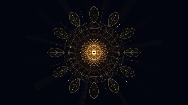 Intricate golden mandala animation with glowing geometric patterns and light effects on black background.