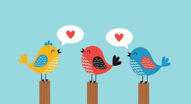 Three cute colorful birds perched on wooden posts share messages of love with heart icons in white speech bubbles on a blue background.