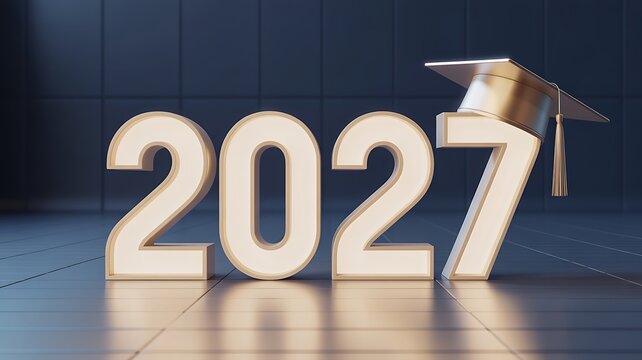 Graduation year 2027 light gold signage with academic cap for schools.