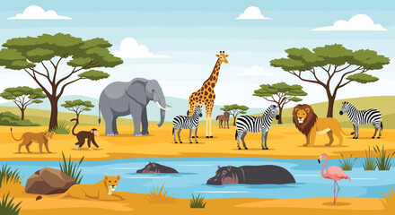 Fototapeta premium Vibrant landscape of an African savanna filled with wild animals including elephants, giraffes, lions, zebras, and hippopotamuses.