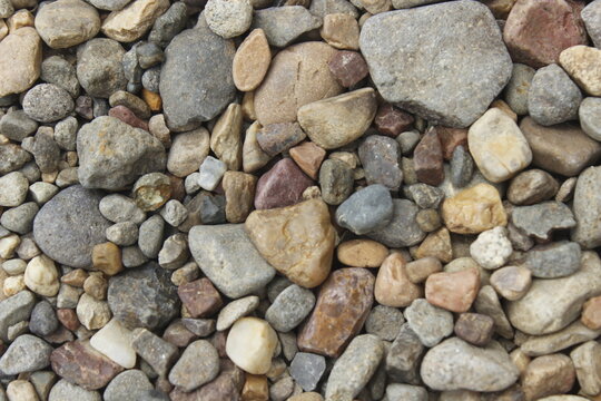 A close-up view of assorted small stones and pebbles in varied shapes, sizes, and colors, showcasing natural textures and earthy tones.