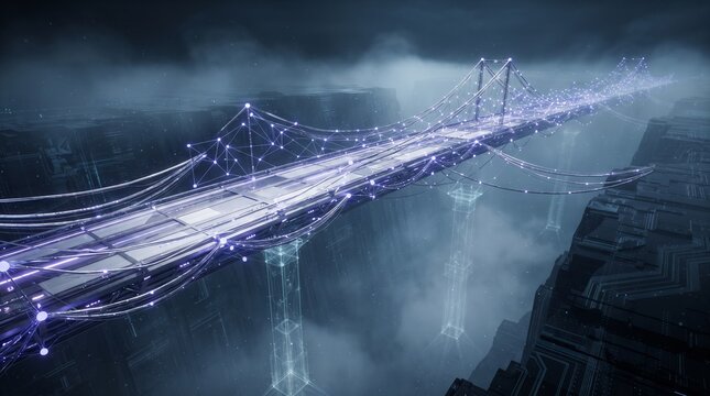 Futuristic floating glass islands connected by glowing data bridges representing global network infrastructure and cloud technology