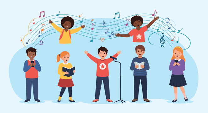 Group of diverse children singing together in a choir with musical notes and staffs floating in the background for music education.