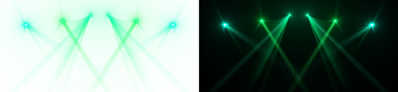 Green Spotlight Beams. Six symmetrical top down lights crossing paths at dynamic angles on transparent background.