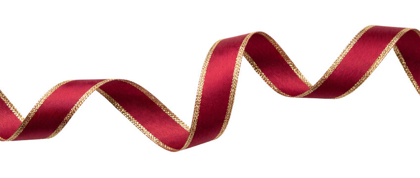 Curved red satin ribbon with gold edges isolated on a transparent background