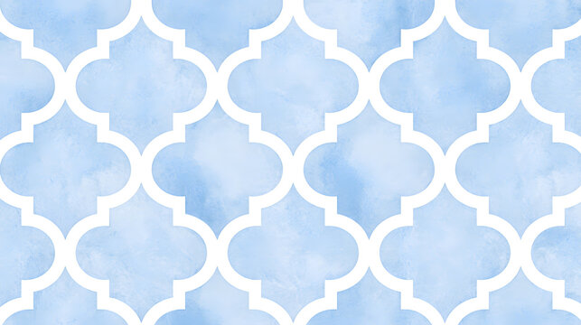 A soft subtle seamless repeating quatrefoil patterned background in soft blue, aquarelle