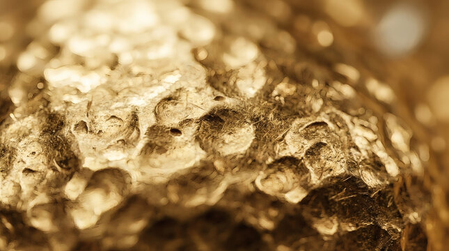 Macro Close-up of a Textured Gold Nugget with a Rough and Pitted Metallic Surface