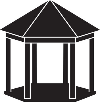 Black silhouette of a garden gazebo with a hexagonal roof