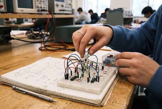 A student is building a circuit using a breadboard and various components in an electronics lab. Other students are focused on their work in the background during class