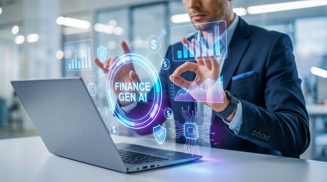 Businessman interacting with glowing holographic screens showing financial generative ai graphics.