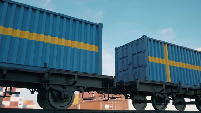 Swedish Flag Shipping Containers Transported By Freight Train In Industrial Terminal