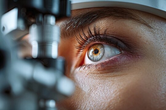 Close up of human eye during eye examination. Eye features vivid colors and detailed texture. Medical equipment is prominently displayed with focused light and clarity