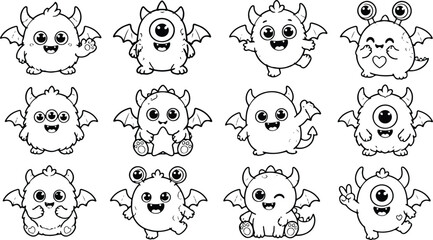 Fototapeta premium Cute Kawaii Monster Set Outline Coloring Page for Kids