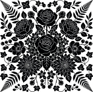 Vintage floral silhouette pattern, black rose and botanical vector, elegant garden flower design