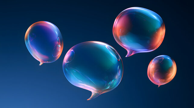 chat bubbles made from actual bubbles, blues pinks teal orange purples, modern and fun, on a dark blue gradient background