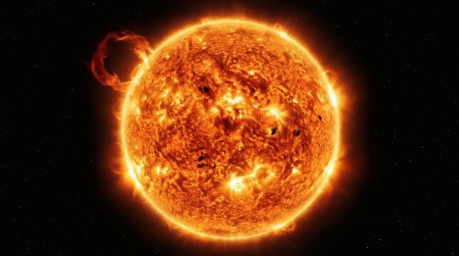 Glowing Burning Star Sphere with Solar Flare and Corona in Cosmos