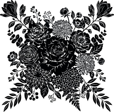 Vintage floral bouquet vector, black rose silhouette, botanical garden arrangement for wedding