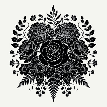 Vintage floral bouquet vector, black rose silhouette, botanical garden arrangement for wedding