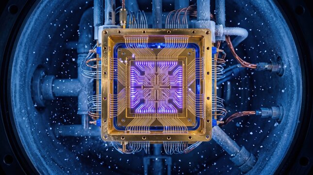 Quantum Computer Processor Microchip in Cryogenic Chamber with Purple Glow