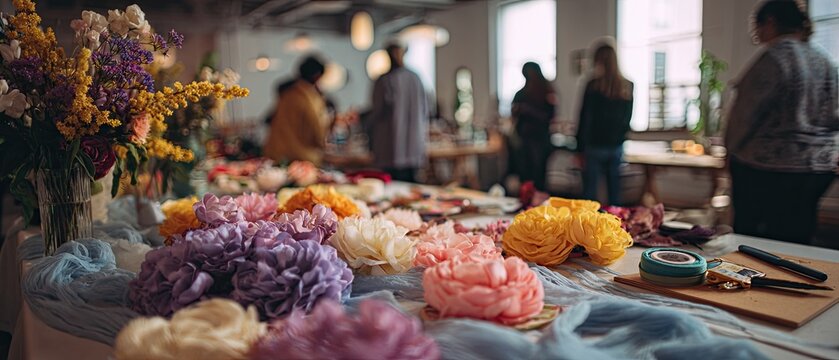 Colorful flowers in vibrant colors on table create festive atmosphere. Background shows blurred people engaging in creative workshop with natural light illuminating scene
