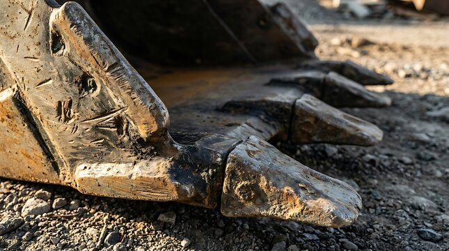 Close up view of a heavy duty escavator bucket resting on gravel at a construction site with worn teeth.