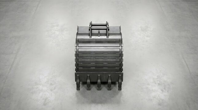 A heavy duty escavator bucket resting on a concrete floor in an industrial warehouse setting