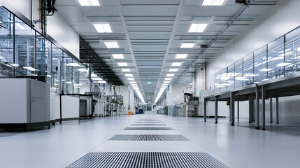 Obraz premium A long clean industrial production hall with glass enclosed workstations bright overhead lighting and a polished floor with ventilation grates