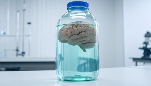 Human brain specimen preserved in a blue liquid glass jar rests on a laboratory counter.