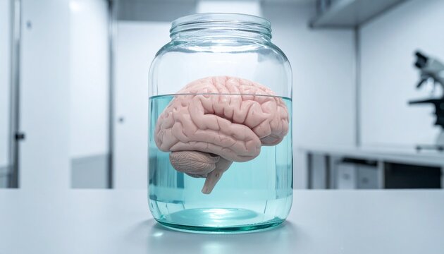 Brain specimen submerged in cyan chemical solution inside a transparent jar stands on a sterile laboratory desk.