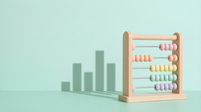 Wooden abacus toy on mint green background casting bar graph shadow symbolizing financial literacy and mathematical education concept