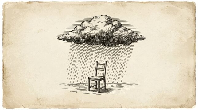A single chair stands in the rain under a dark textured storm cloud in vintage engraving style