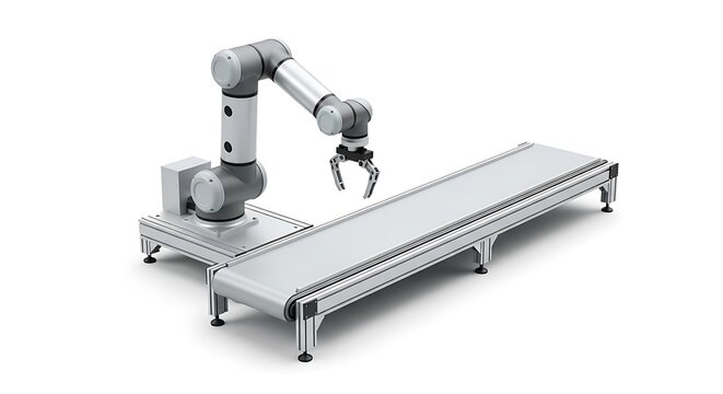 Robotic mechanical arm with gripper over an industrial conveyor belt
