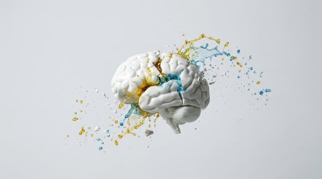 White anatomical brain model exploding with yellow and blue liquid splashes emotional health