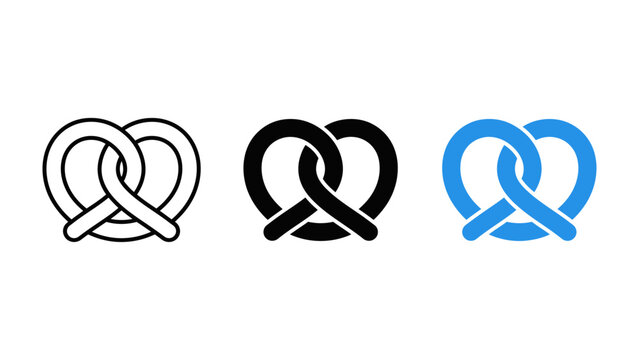 Set of pretzel icons, including line art, solid black, and blue versions, representing traditional baked snacks, vector illustration
