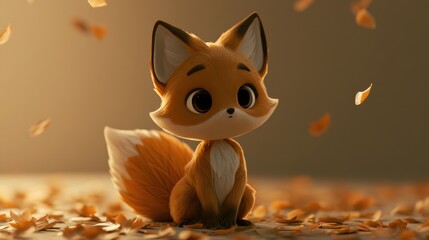 Fototapeta premium A fox character with big eyes plays joyfully in a pile of leaves under warm light during autumn. There is space around the character.