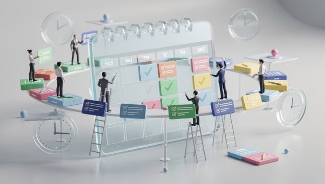 Professional team planning tasks on transparent calendar board with colorful task markers.