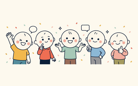 Cartoon line art illustration of group of cute children standing together