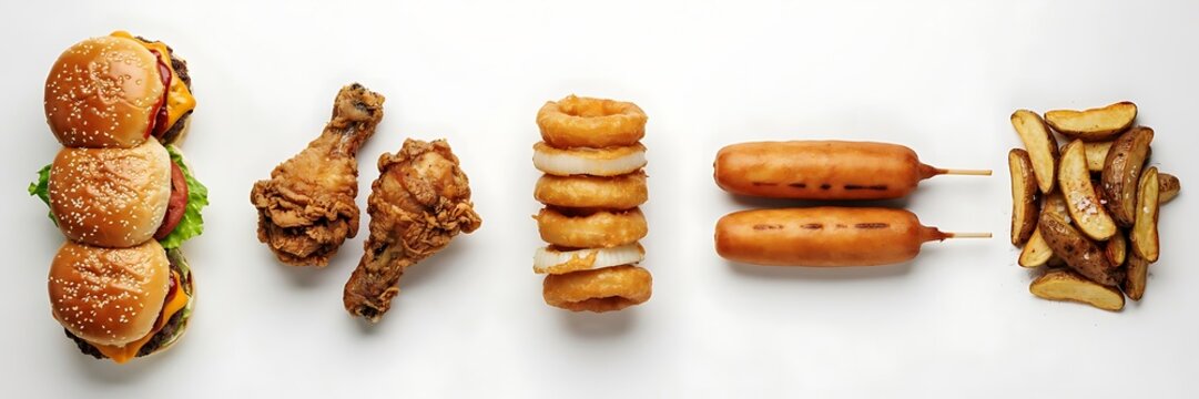 Overhead Fast Food Flat Lay: Triple Cheeseburger, Fried Chicken, Onion Rings & Potato Wedges Isolated on White Background